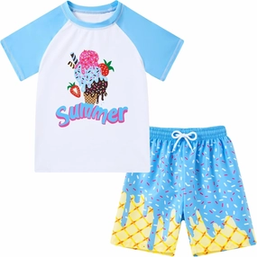 Boys Short Sleeve Rash Guard Swimsuit Set with Swim Trunks for 4-12 Years