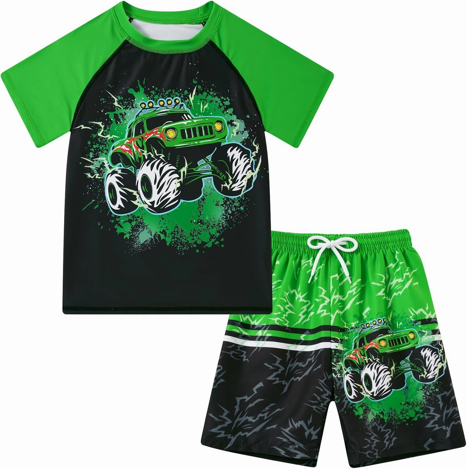 Boys Short Sleeve Rash Guard Swimsuit Set with Swim Trunks for 4-12 Years