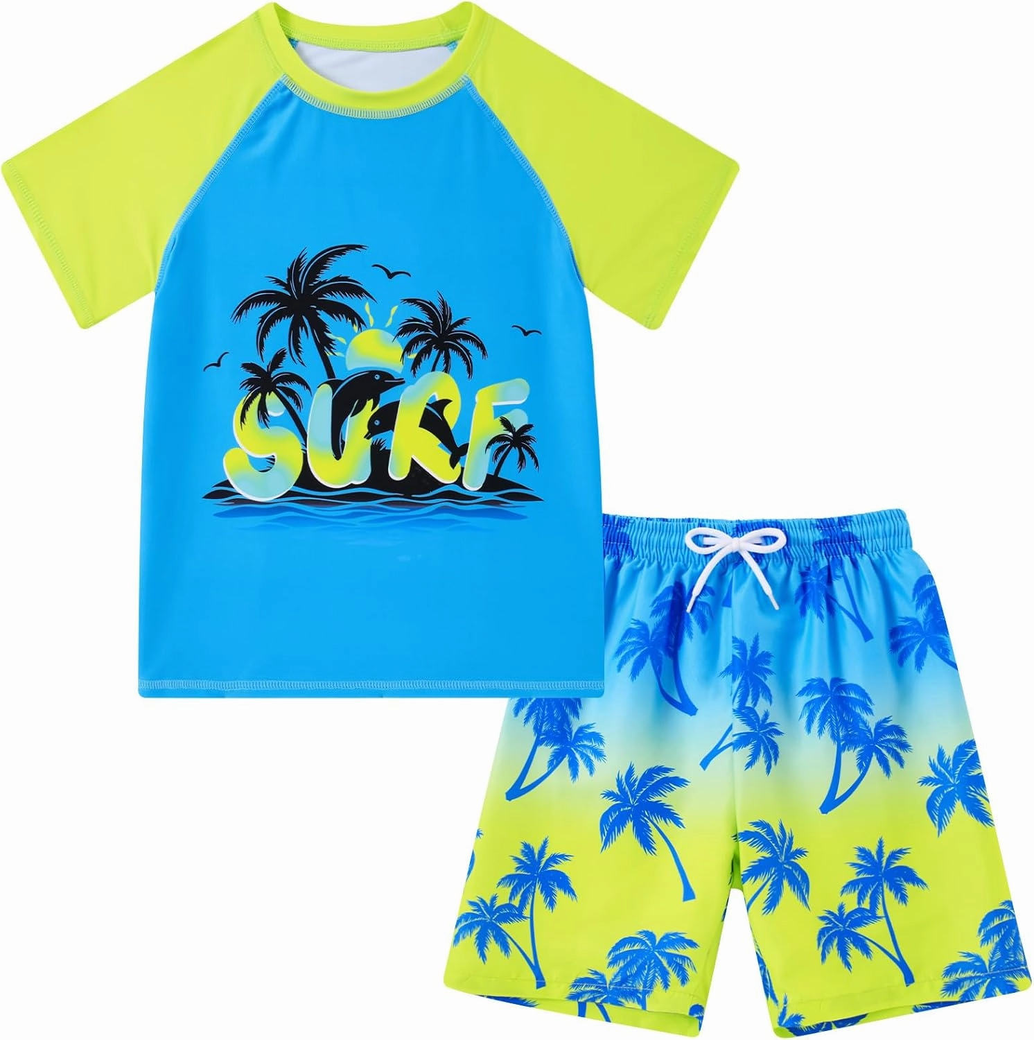 Boys Short Sleeve Rash Guard Swimsuit Set with Swim Trunks for 4-12 Years