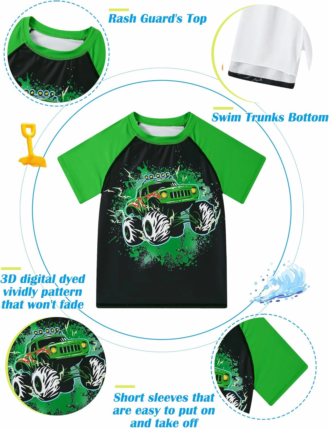 Boys Short Sleeve Rash Guard Swimsuit Set with Swim Trunks for 4-12 Years