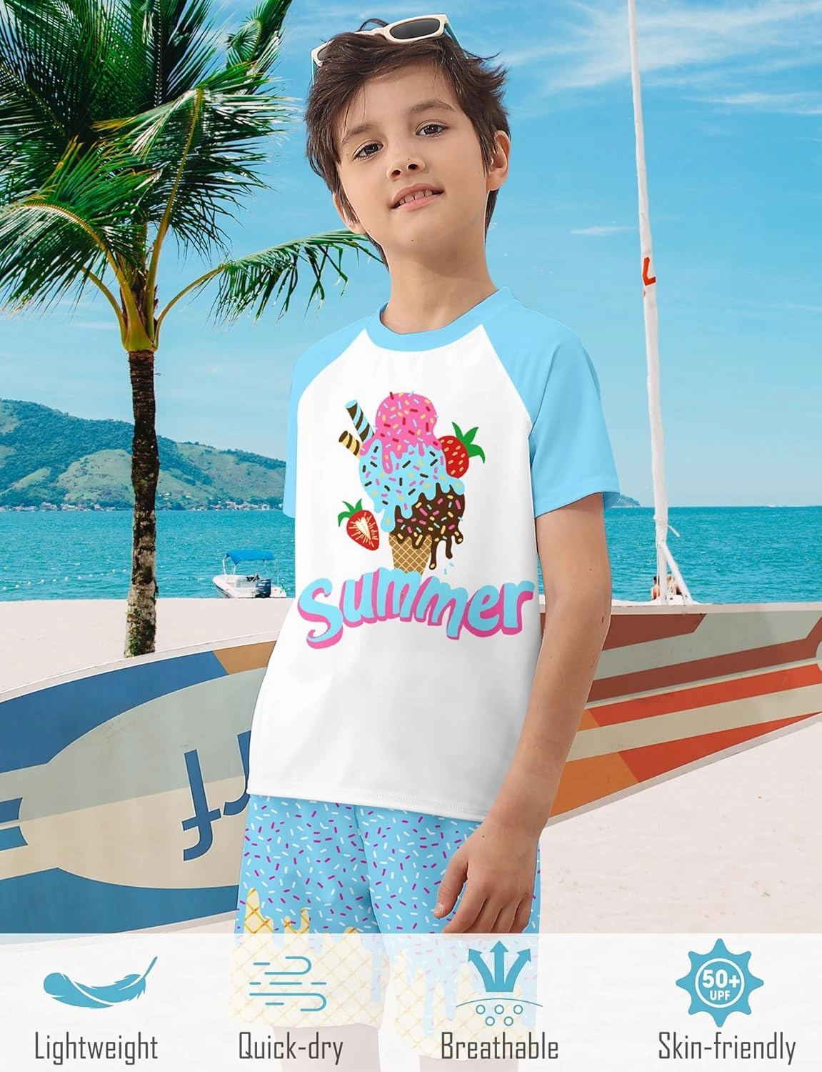 Boys Short Sleeve Rash Guard Swimsuit Set with Swim Trunks for 4-12 Years