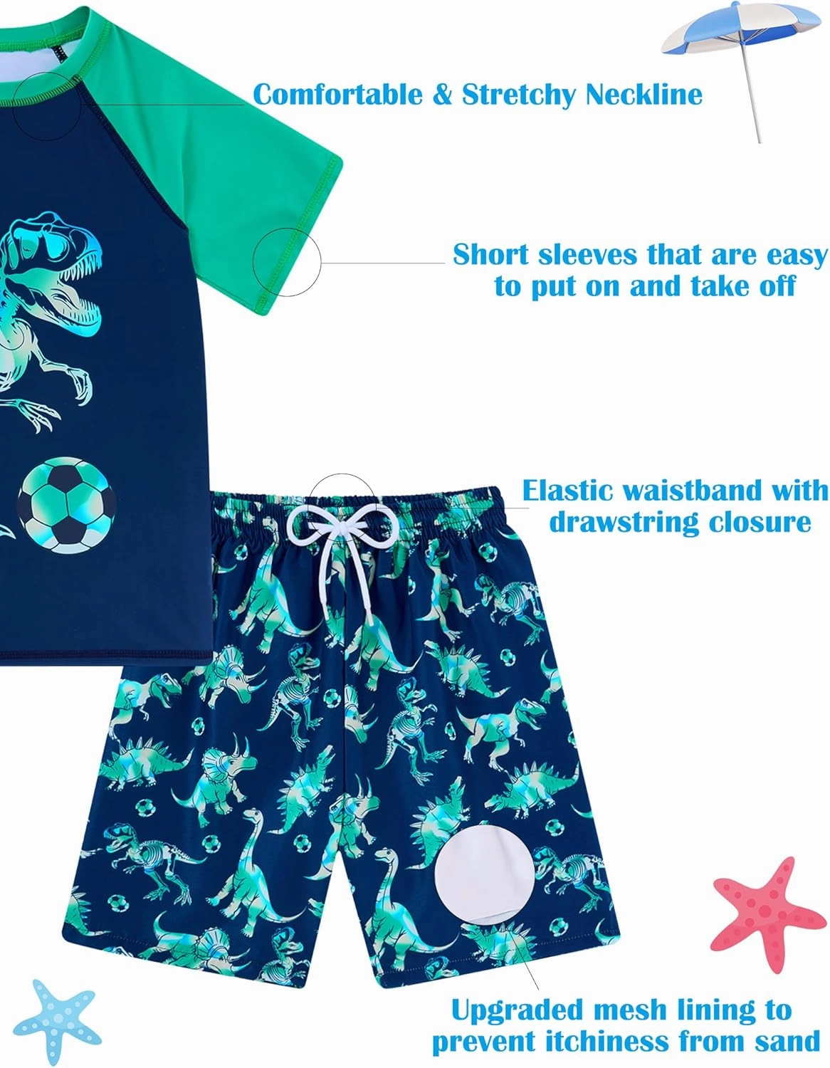 Boys Short Sleeve Rash Guard Swimsuit Set with Swim Trunks for 4-12 Years