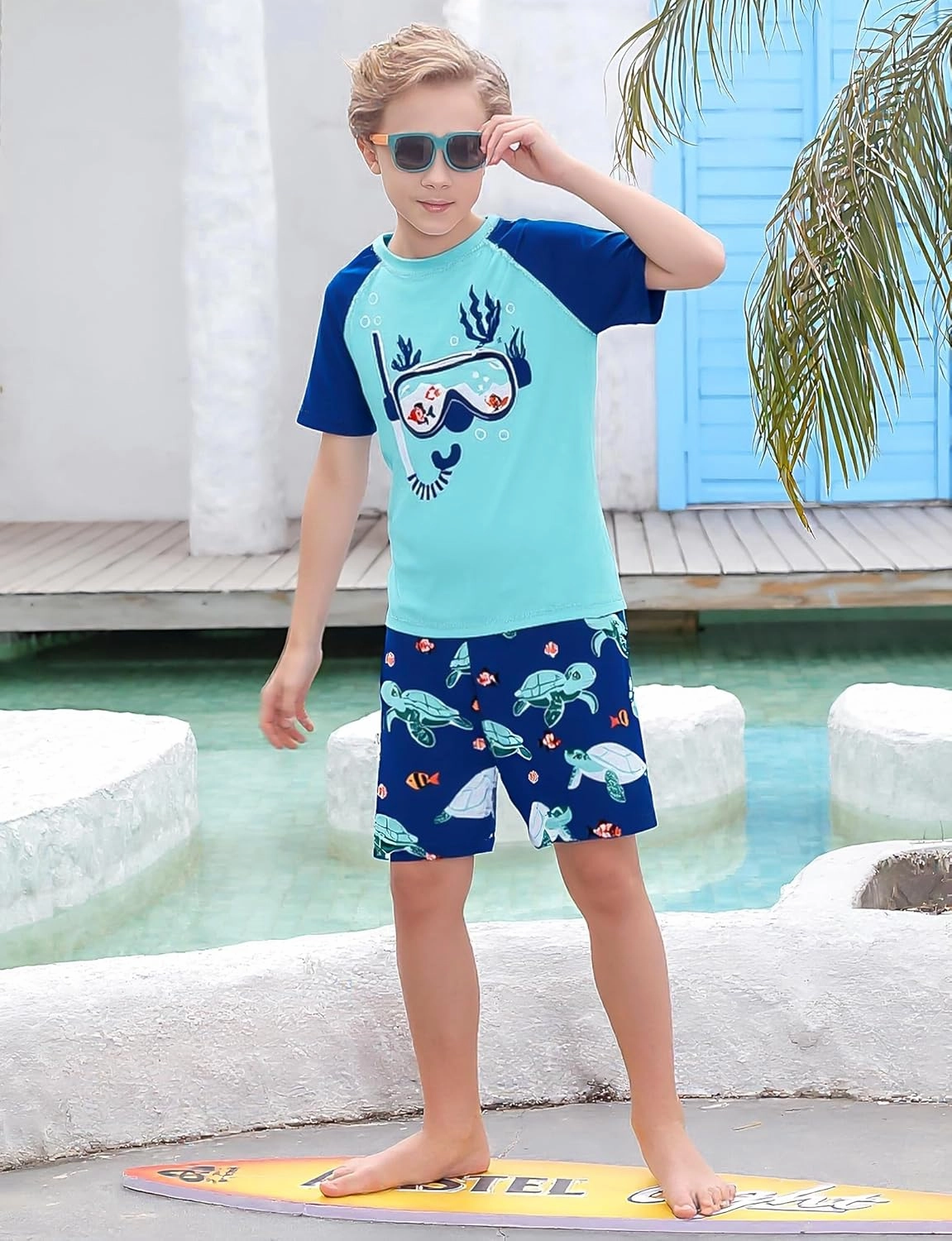 Boys Short Sleeve Rash Guard Swimsuit Set with Swim Trunks for 4-12 Years