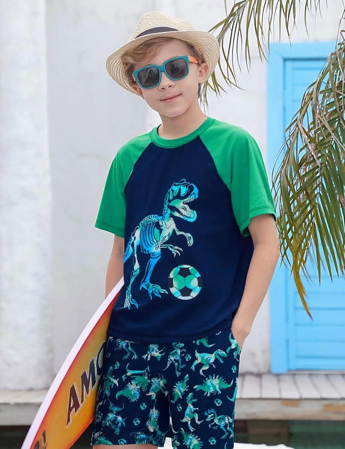 Boys Short Sleeve Rash Guard Swimsuit Set with Swim Trunks for 4-12 Years