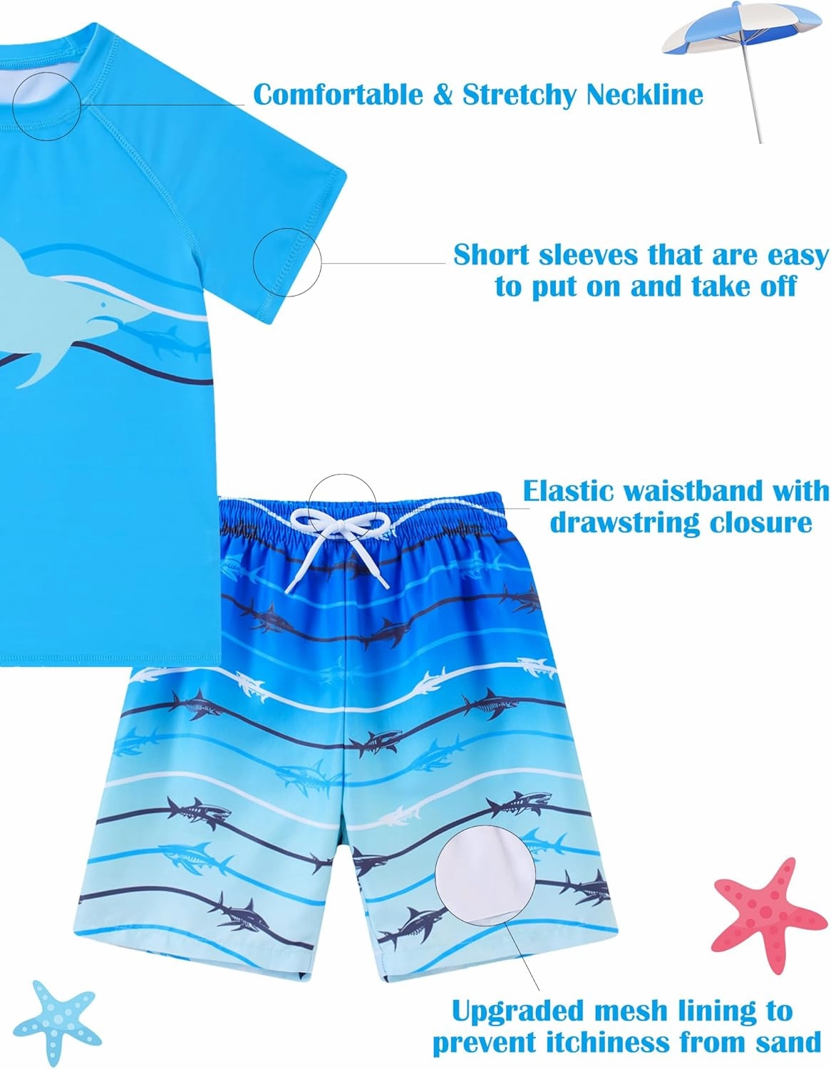 Boys Short Sleeve Rash Guard Swimsuit Set with Swim Trunks for 4-12 Years