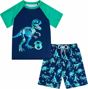Boys Short Sleeve Rash Guard Swimsuit Set with Swim Trunks for 4-12 Years
