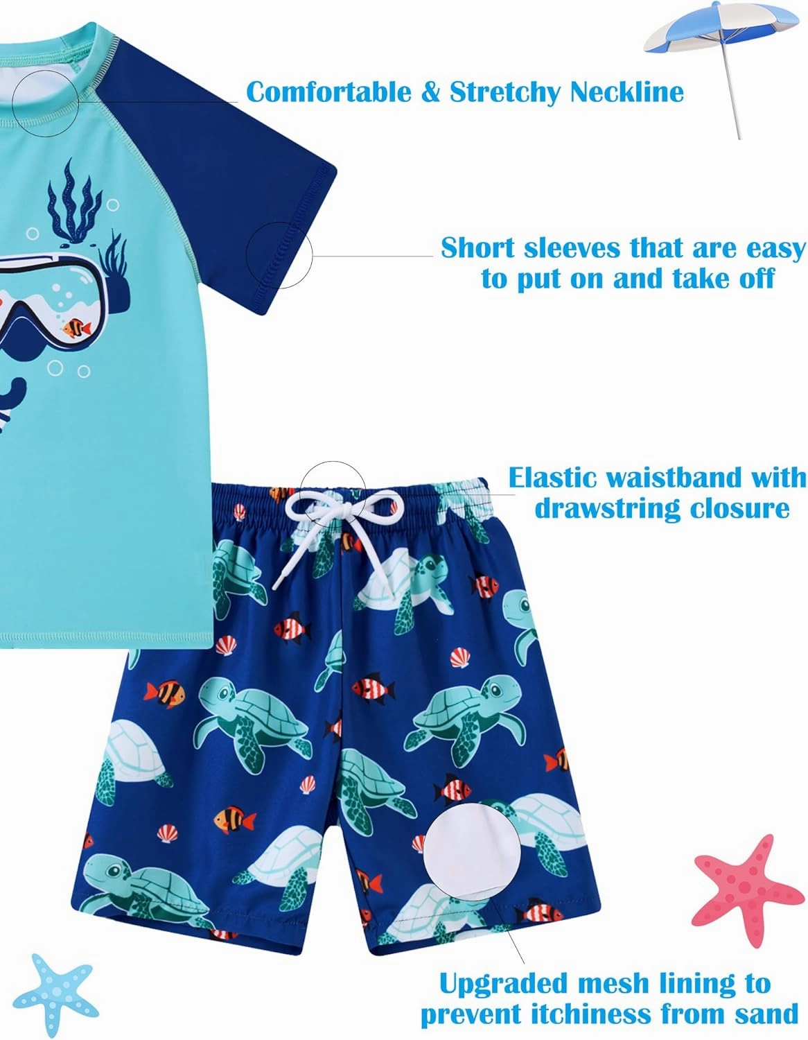 Boys Short Sleeve Rash Guard Swimsuit Set with Swim Trunks for 4-12 Years