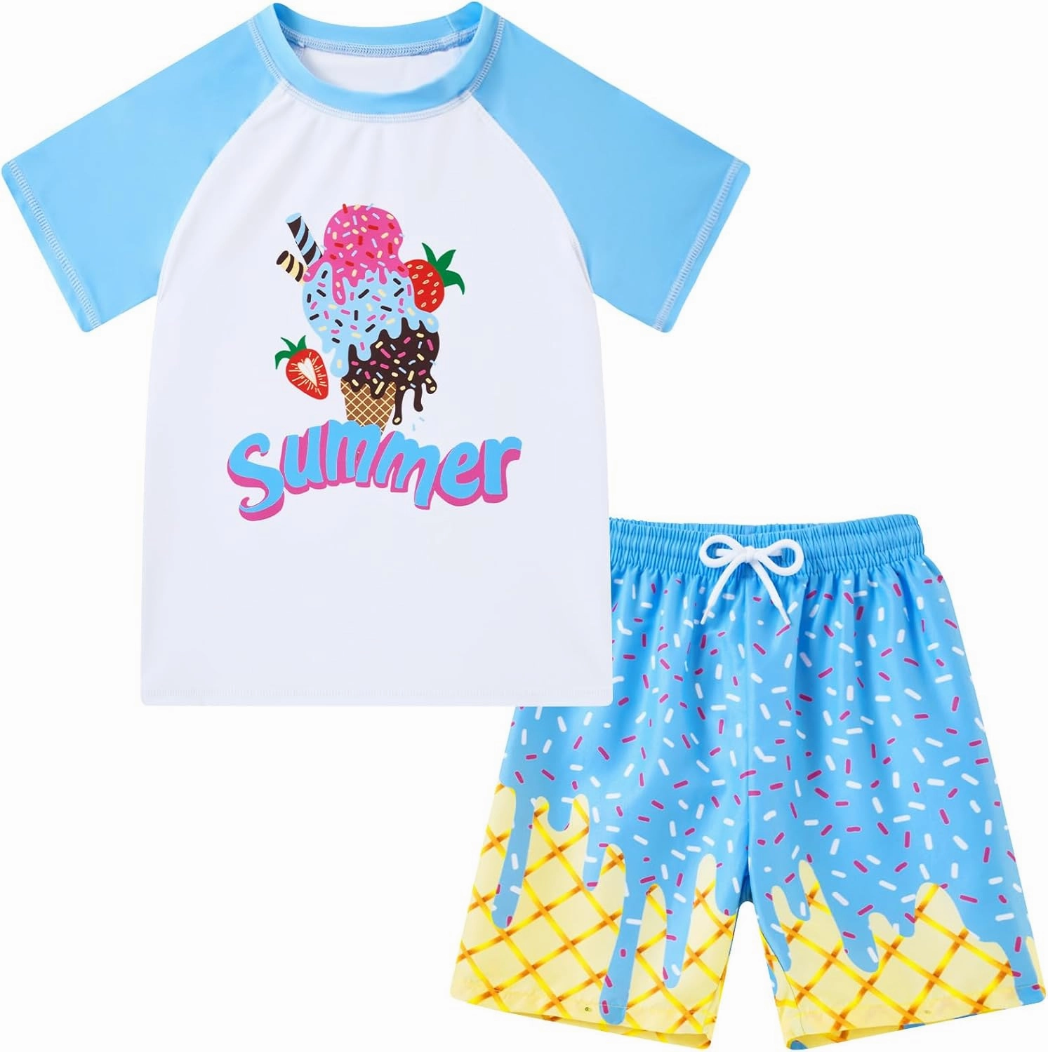 Boys Short Sleeve Rash Guard Swimsuit Set with Swim Trunks for 4-12 Years