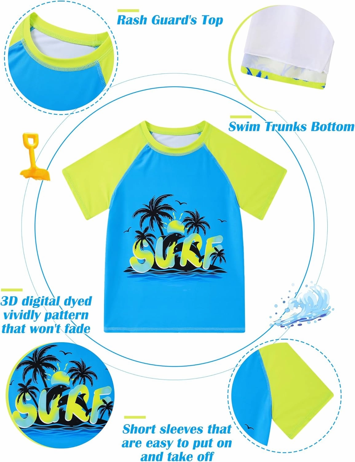 Boys Short Sleeve Rash Guard Swimsuit Set with Swim Trunks for 4-12 Years