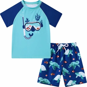 Boys Short Sleeve Rash Guard Swimsuit Set with Swim Trunks for 4-12 Years