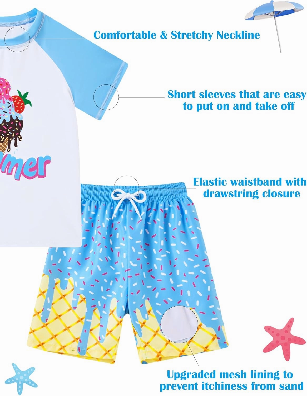 Boys Short Sleeve Rash Guard Swimsuit Set with Swim Trunks for 4-12 Years