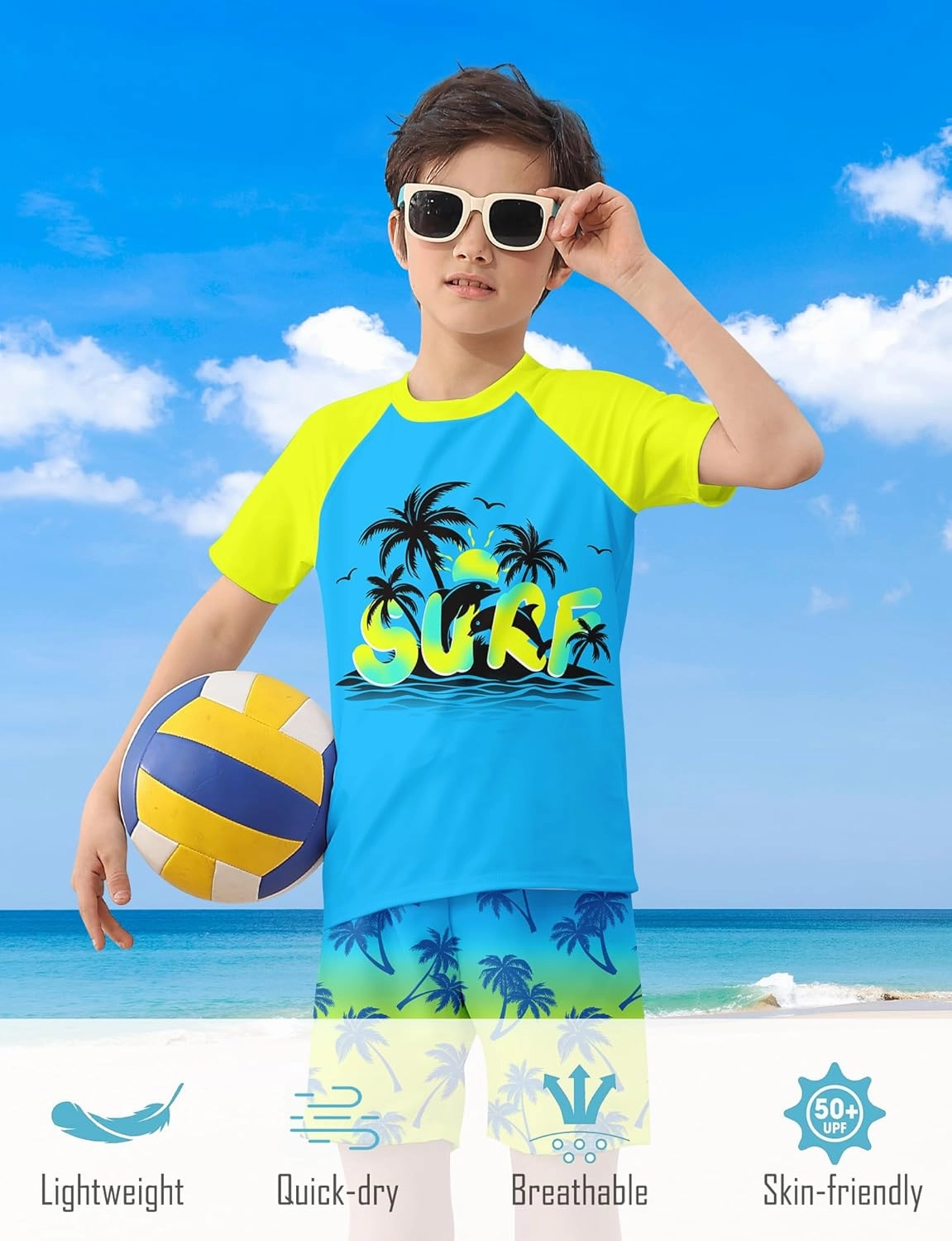 Boys Short Sleeve Rash Guard Swimsuit Set with Swim Trunks for 4-12 Years