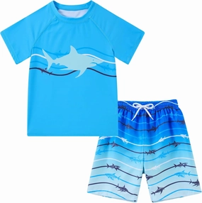 Boys Short Sleeve Rash Guard Swimsuit Set with Swim Trunks for 4-12 Years