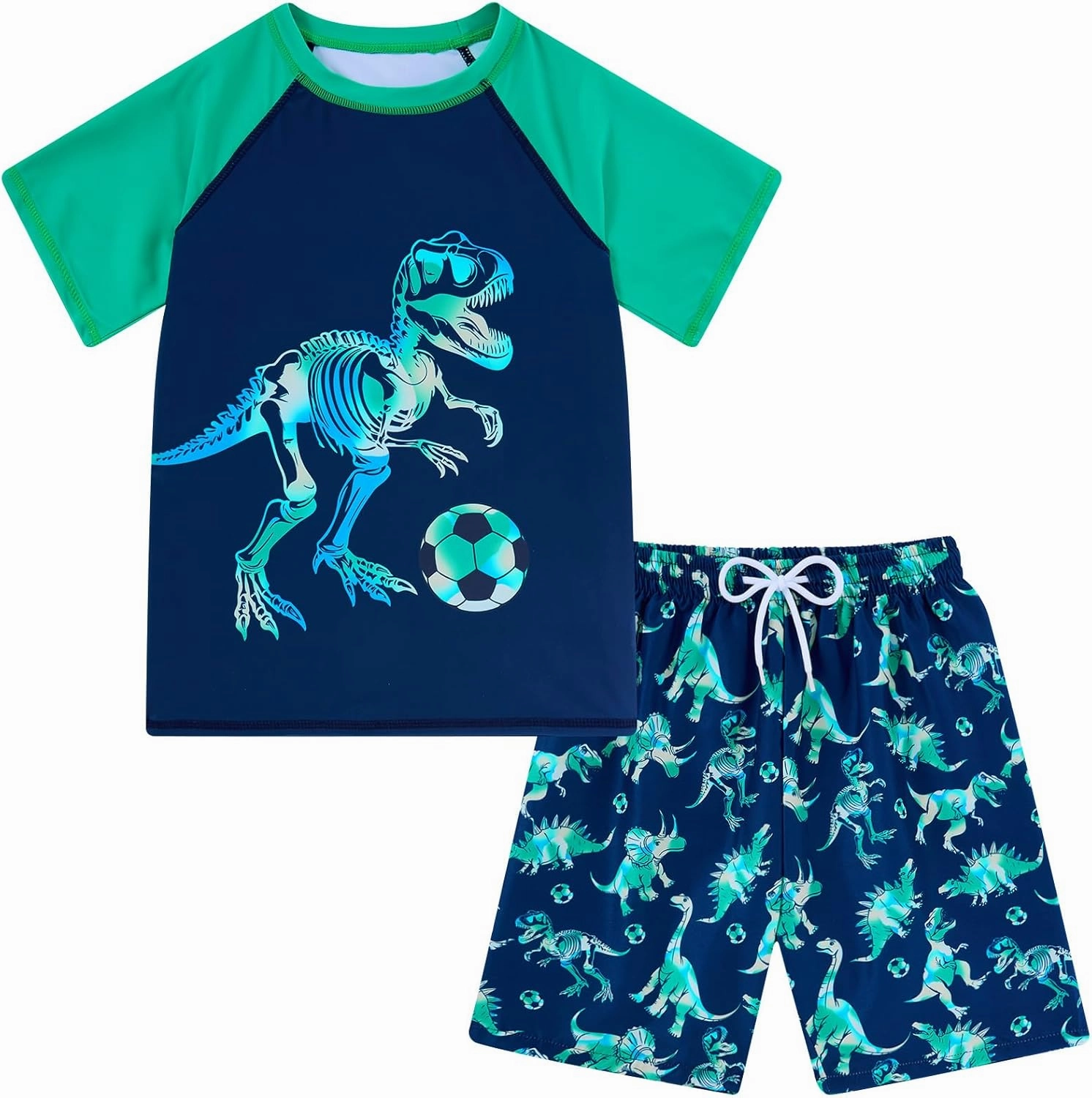 Boys Short Sleeve Rash Guard Swimsuit Set with Swim Trunks for 4-12 Years