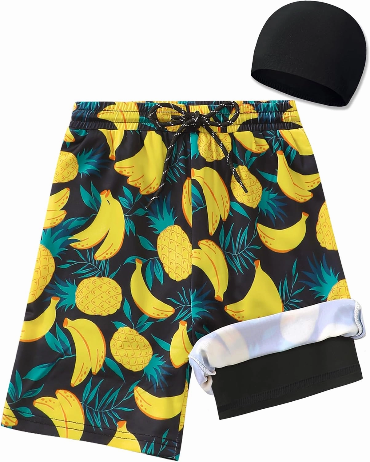 Boys Swim Trunks 2-16 Years Compression Liner Swimsuit Shorts fo Kids Quick-Dry Stretch Swimwear (Includes Swim Cap)