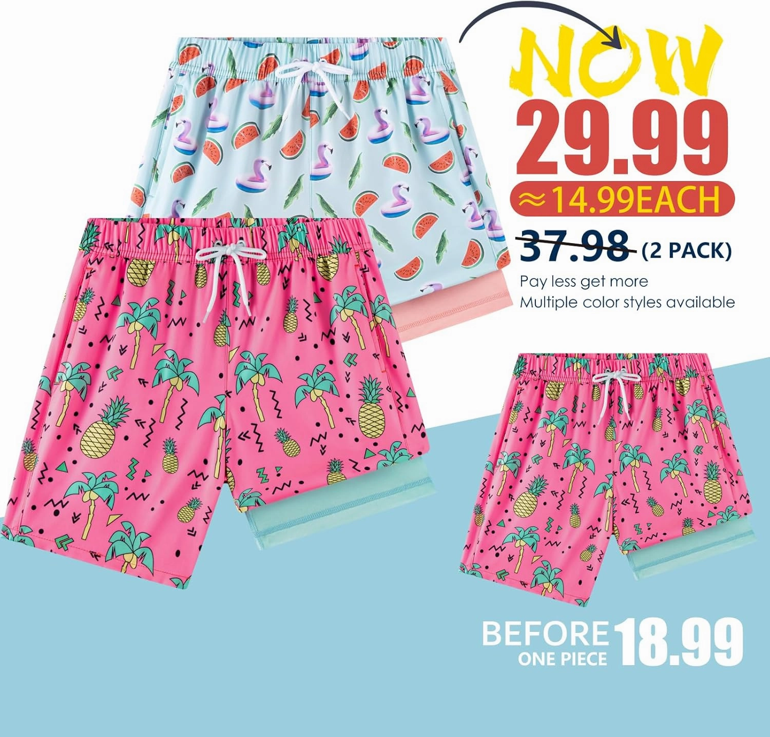 Boys Swim Trunks 2 Pack, Bathing Suit with Compression Liner, UPF 50 , Beach Shorts for 5-16 Years