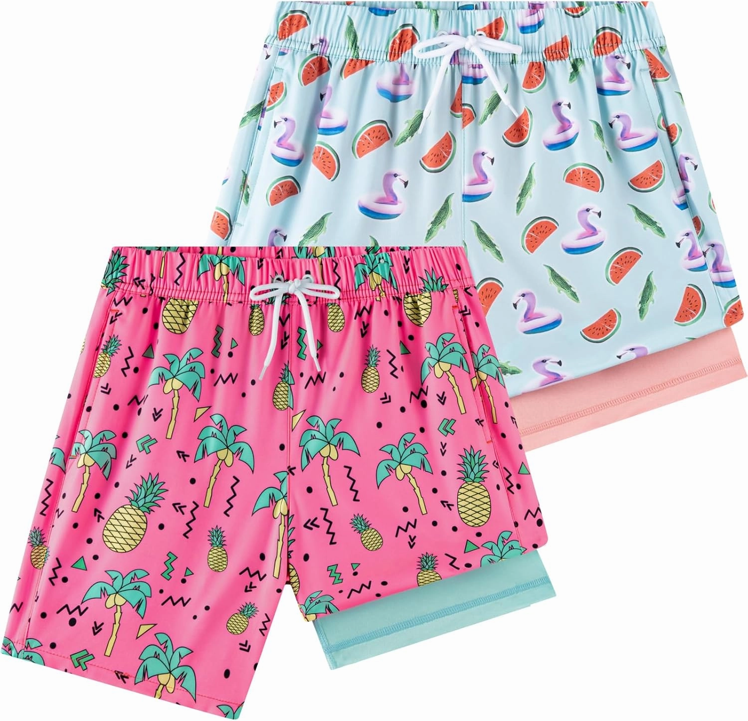 Boys Swim Trunks 2 Pack, Bathing Suit with Compression Liner, UPF 50 , Beach Shorts for 5-16 Years