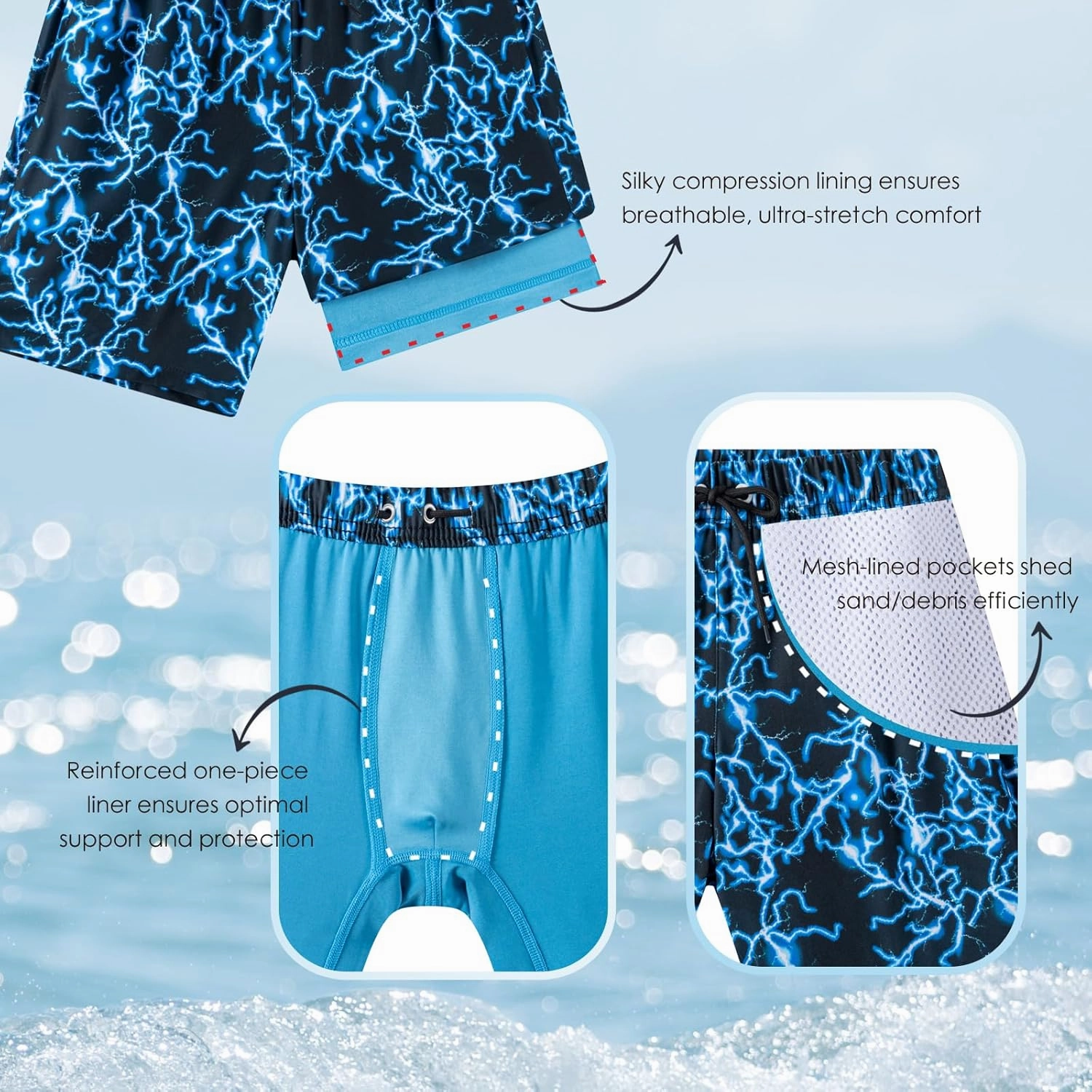Boys Swim Trunks, Bathing Suit with Compression Liner, UPF 50 , Beach Shorts for 5-16 Years