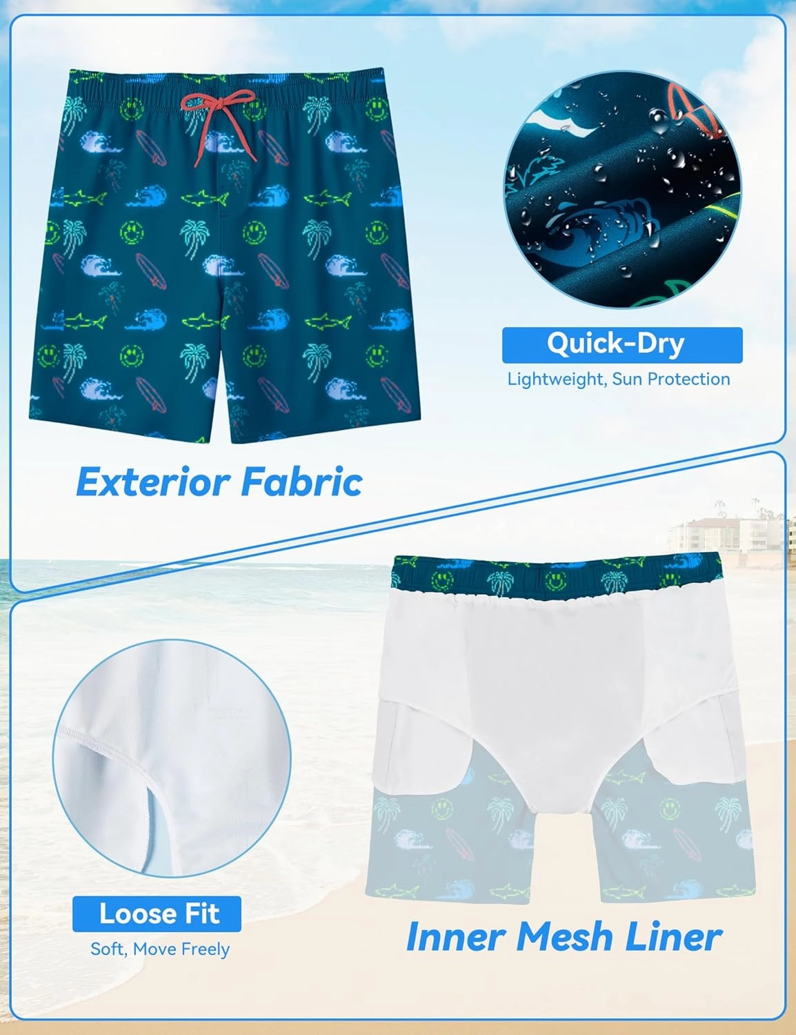 Boys Swim Trunks Quick-Dry w/Ultra Soft Jersey Lining Premium Eco Material UPF 50 