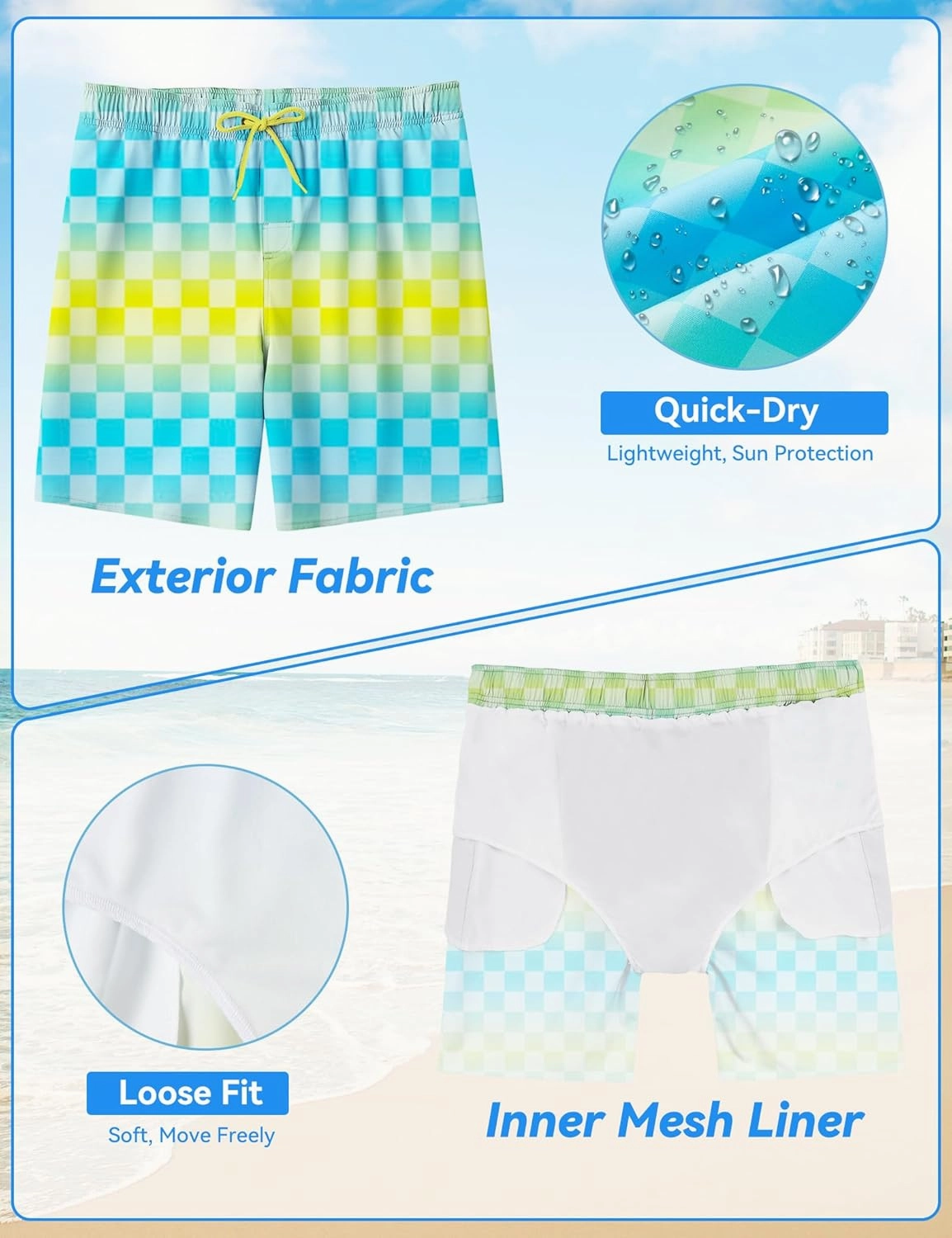 Boys Swim Trunks Quick-Dry w/Ultra Soft Jersey Lining Premium Eco Material UPF 50 