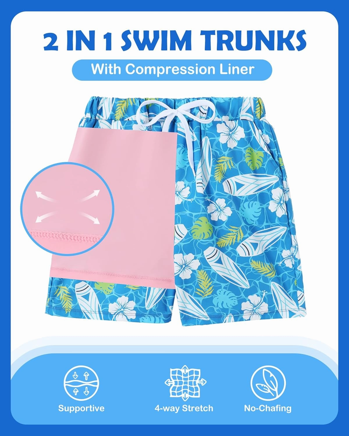 Boys Swim Trunks with Compression Liner Boy Stretch Quick Dry Swim Shorts Kids UPF 50  Beach Swimsuit 5-10 Years