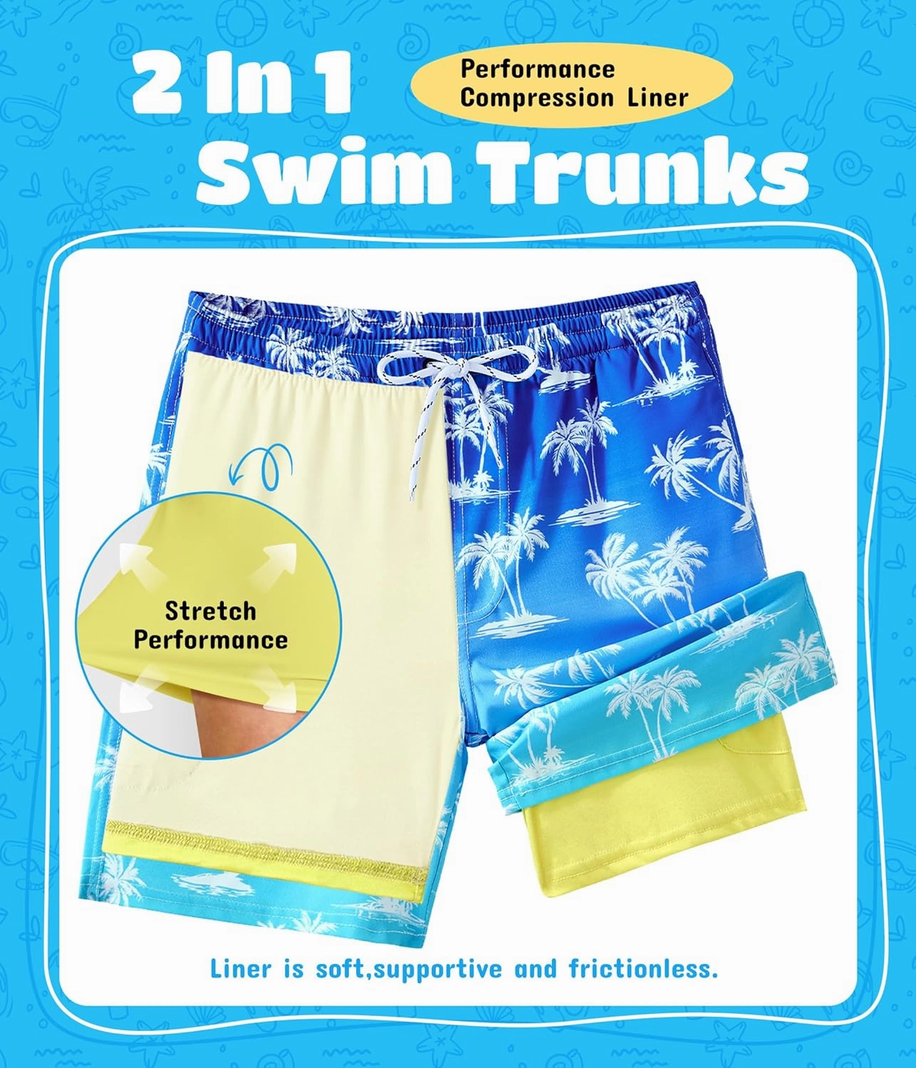 Boys Swim Trunks with Compression Liner Boys Quick Dry 2 in 1 Swim Shorts Summer Beach Shorts