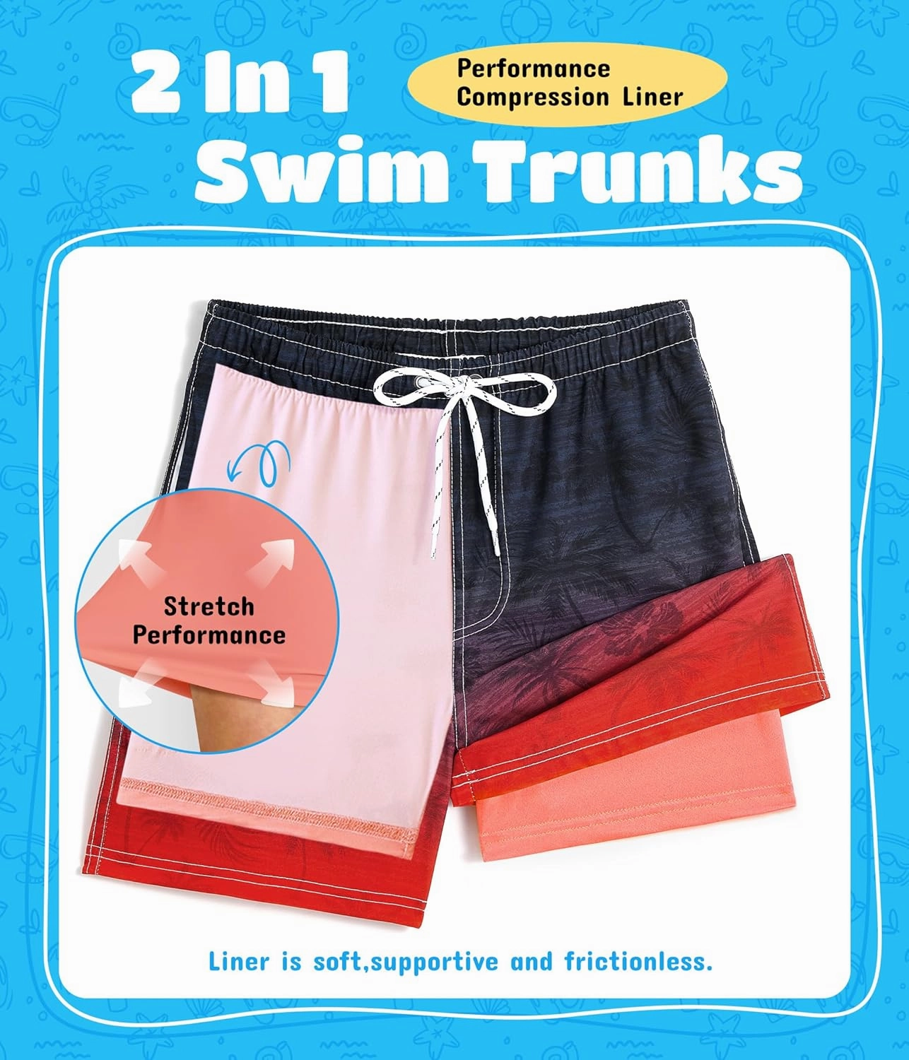 Boys Swim Trunks with Compression Liner Boys Quick Dry 2 in 1 Swim Shorts Summer Beach Shorts