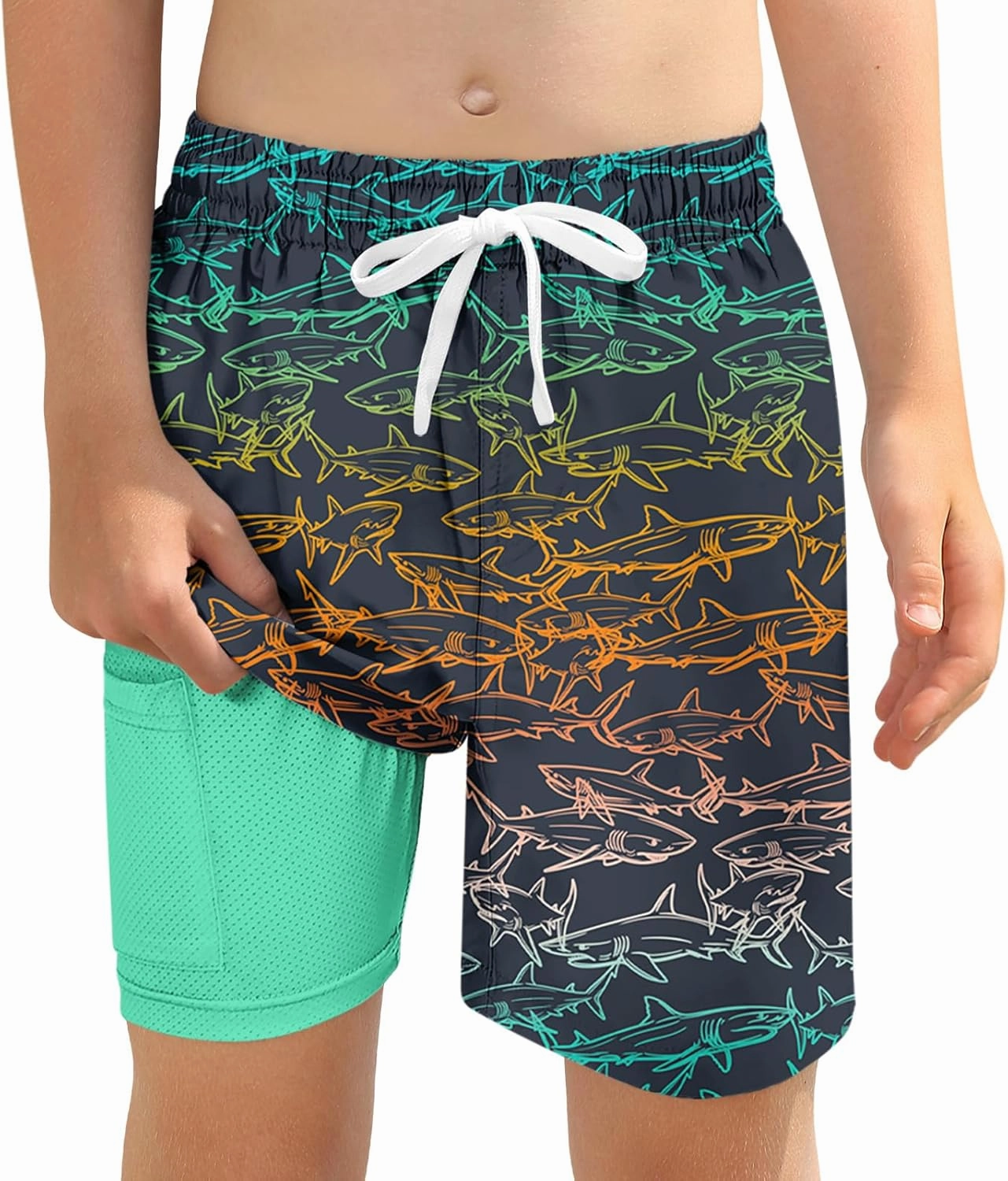 Boys Swim Trunks with Compression Liner for 6-20 Years Kids Quick Dry Bathing Suit