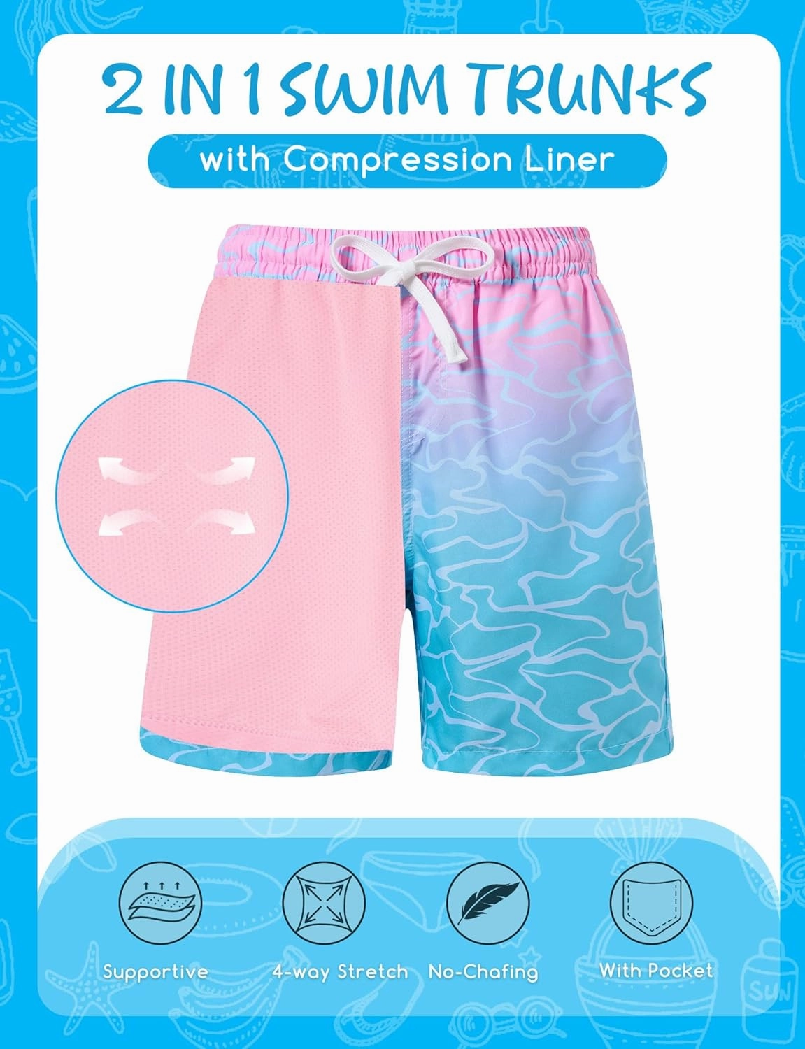 Boys Swim Trunks with Compression Liner for 6-20 Years Kids Quick Dry Bathing Suit