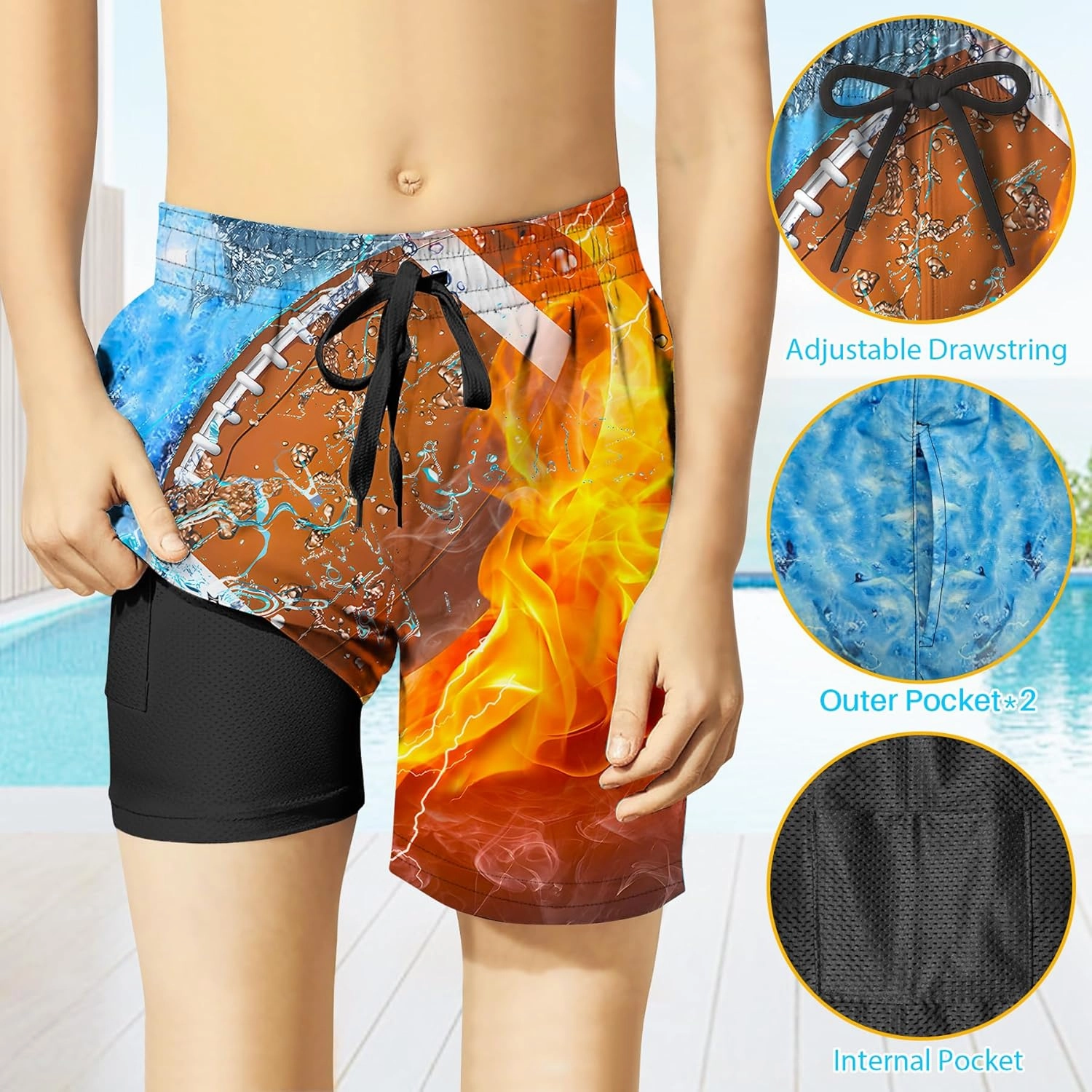 Boys Swim Trunks with Compression Liner for 7-16 Years,Quick-Dry Swim Shorts for Kids Teen,Sun Protection Swimming Trunks