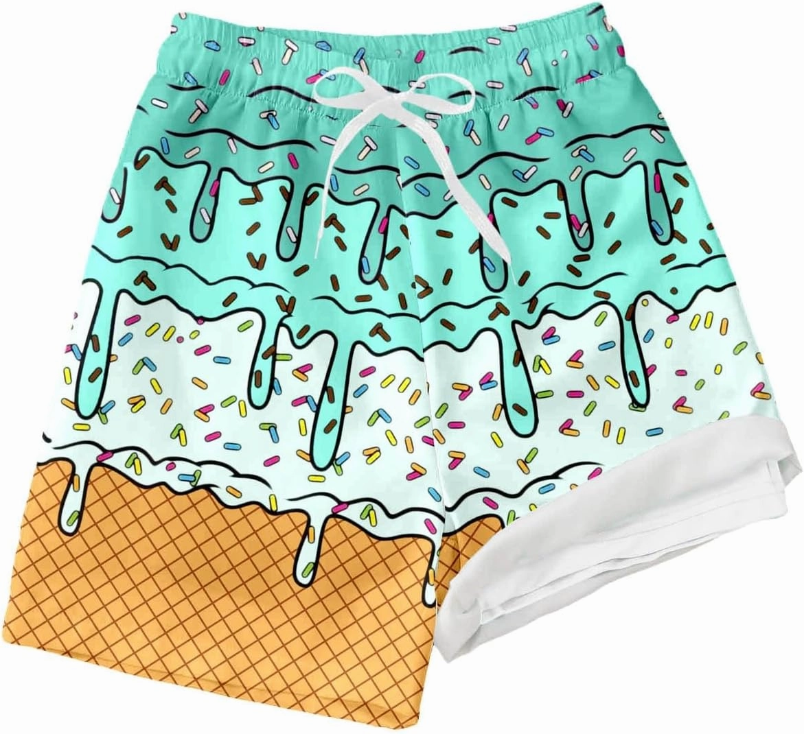 Boys Swim Trunks with Compression Liner Summer Beach Gradient Color Shorts Drawstring High Waisted Kids Swimwear