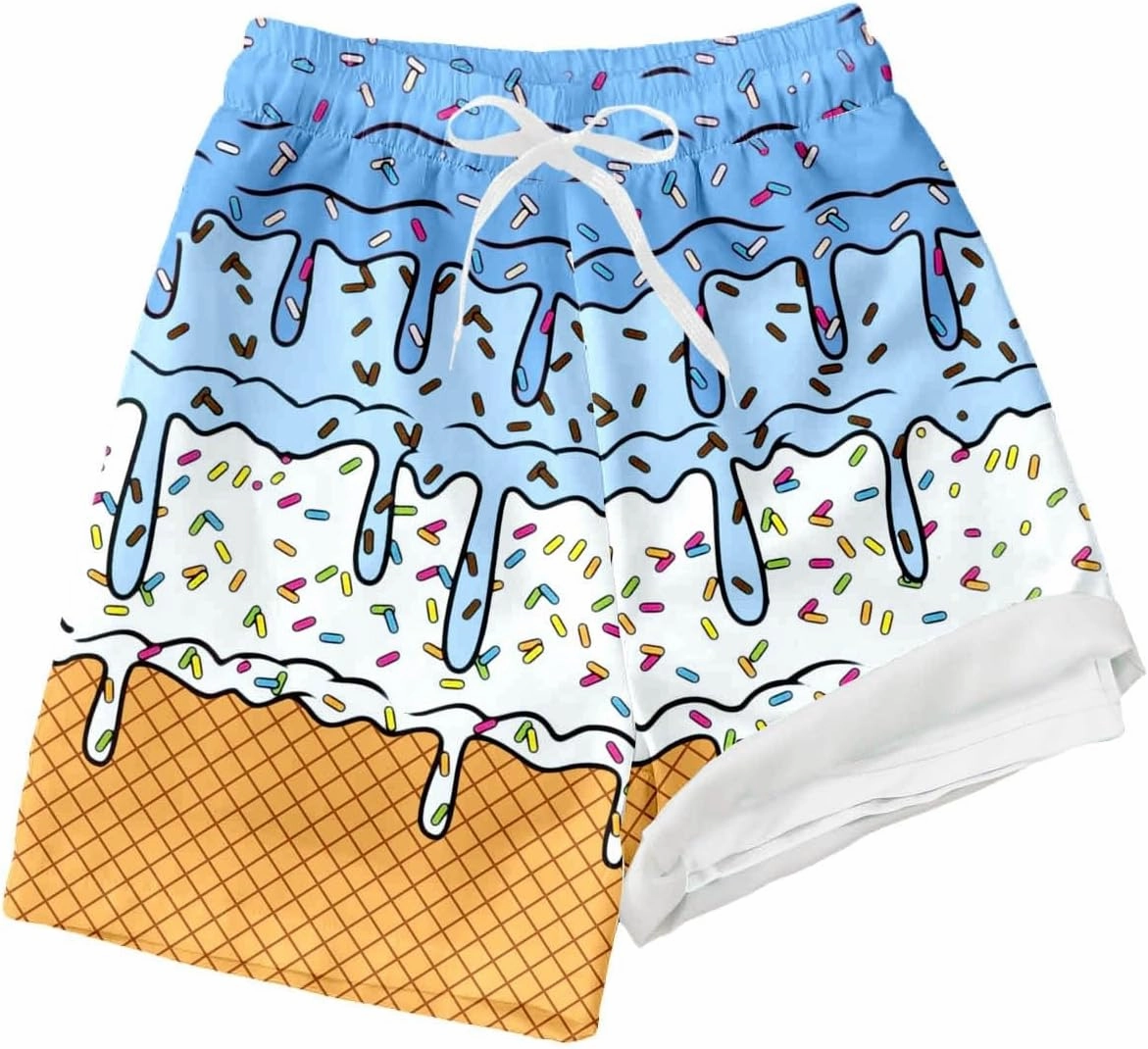 Boys Swim Trunks with Compression Liner Summer Beach Gradient Color Shorts Drawstring High Waisted Kids Swimwear