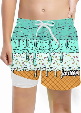 Boys Swim Trunks with Compression Liner Summer Beach Gradient Color Shorts Drawstring High Waisted Kids Swimwear