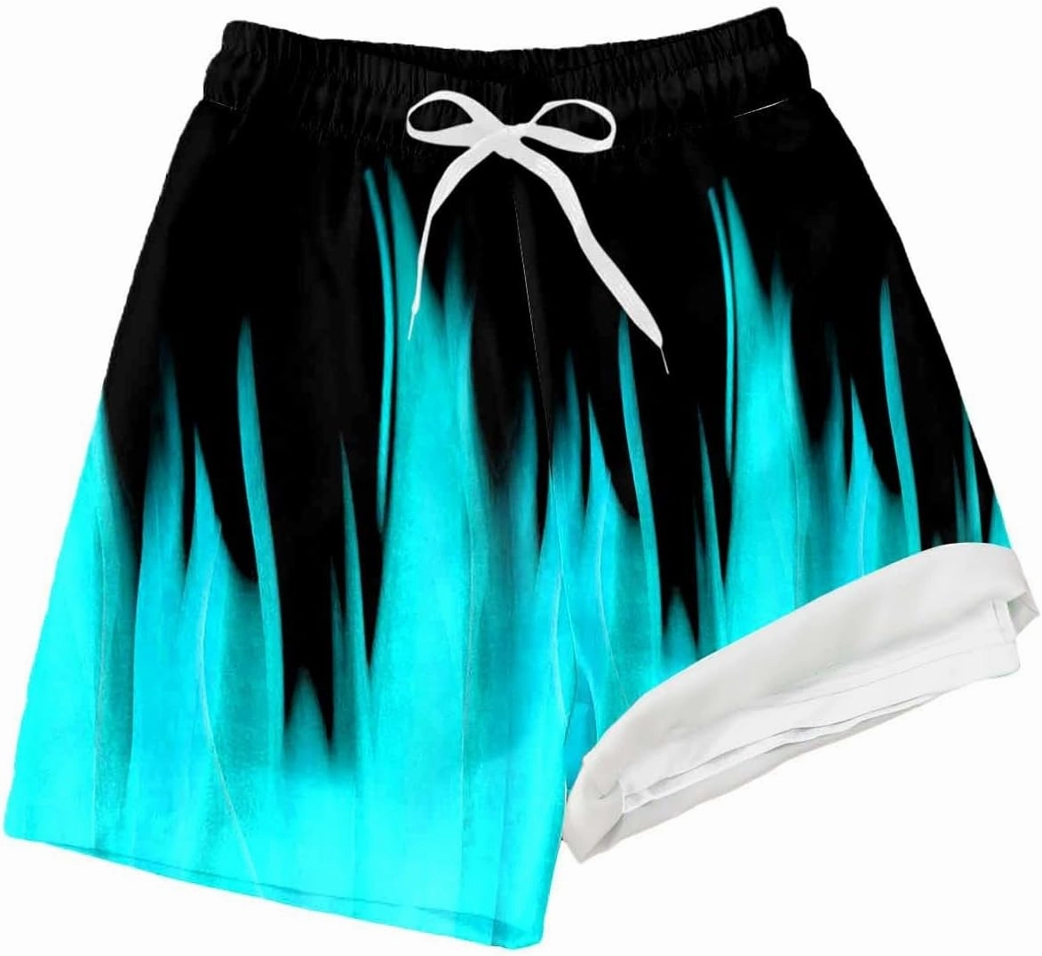 Boys Swim Trunks with Compression Liner Summer Beach Gradient Color Shorts Drawstring High Waisted Kids Swimwear