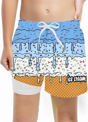 Boys Swim Trunks with Compression Liner Summer Beach Gradient Color Shorts Drawstring High Waisted Kids Swimwear