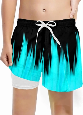 Boys Swim Trunks with Compression Liner Summer Beach Gradient Color Shorts Drawstring High Waisted Kids Swimwear