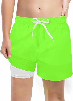 Boys Swim Trunks with Compression Liner Summer Beach Gradient Color Shorts Drawstring High Waisted Kids Swimwear
