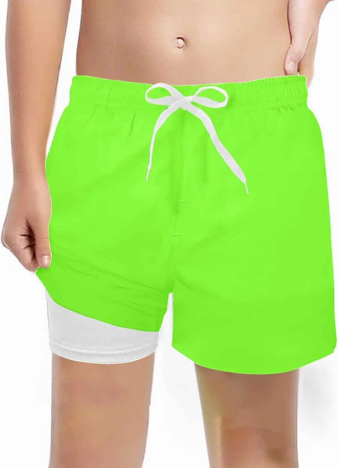 Boys Swim Trunks with Compression Liner Summer Beach Gradient Color Shorts Drawstring High Waisted Kids Swimwear