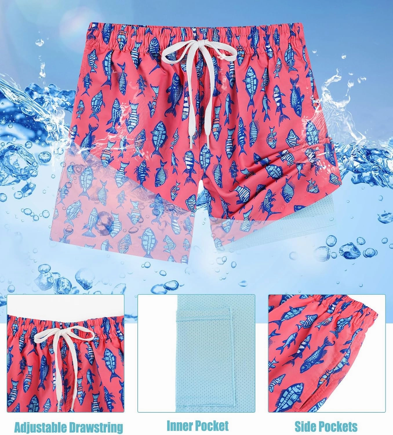 Boys Swim Trunks with Compression Liner Swim Shorts Kids Quick Dry Bathing Suit Boxer Brief Swimwear 6-20 Years