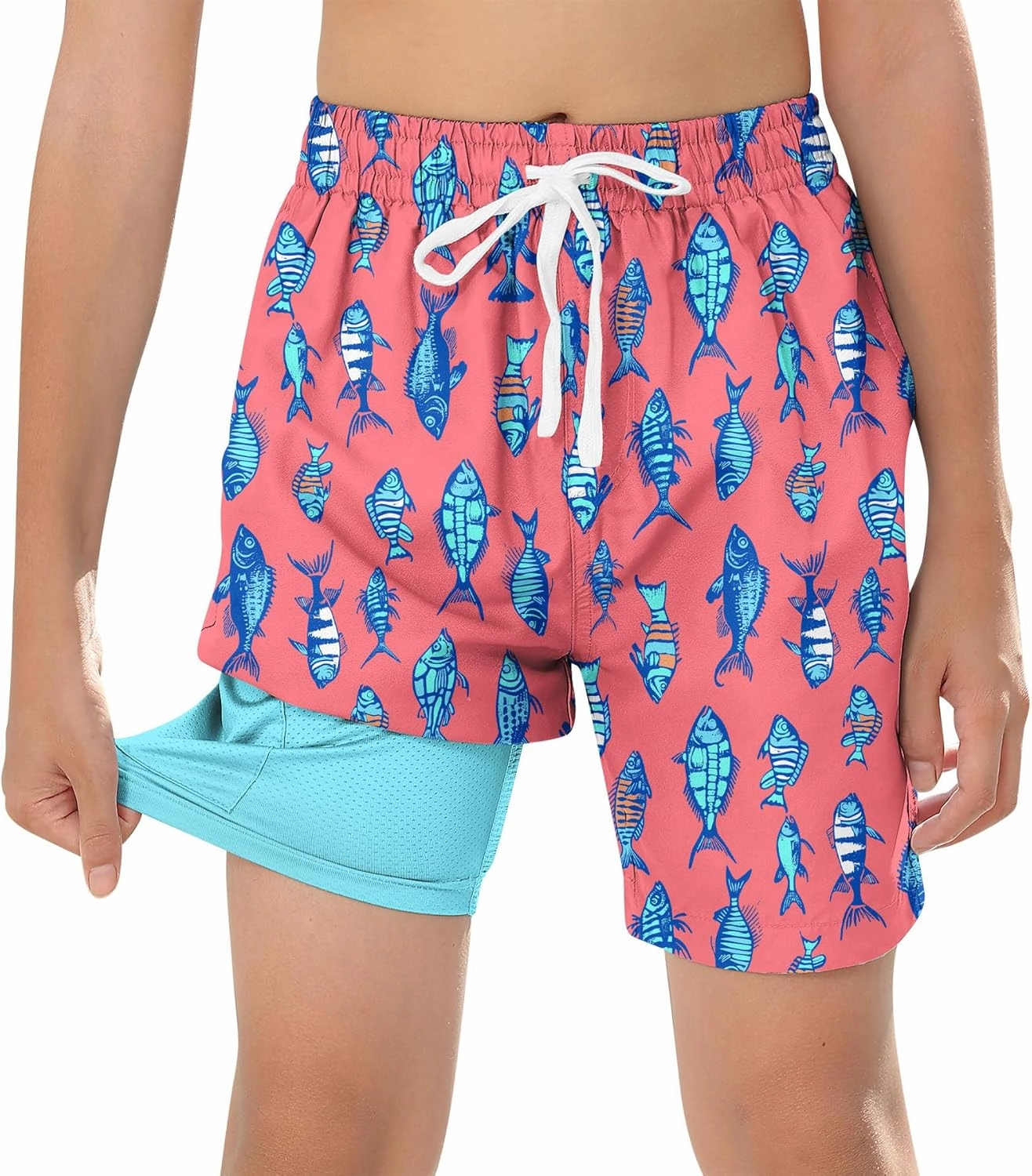 Boys Swim Trunks with Compression Liner Swim Shorts Kids Quick Dry Bathing Suit Boxer Brief Swimwear 6-20 Years