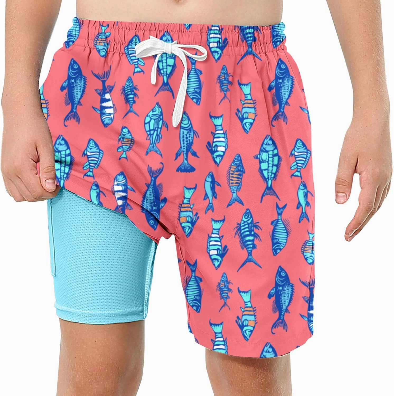 Boys Swim Trunks with Compression Liner Swim Shorts Kids Quick Dry Bathing Suit Boxer Brief Swimwear 6-20 Years