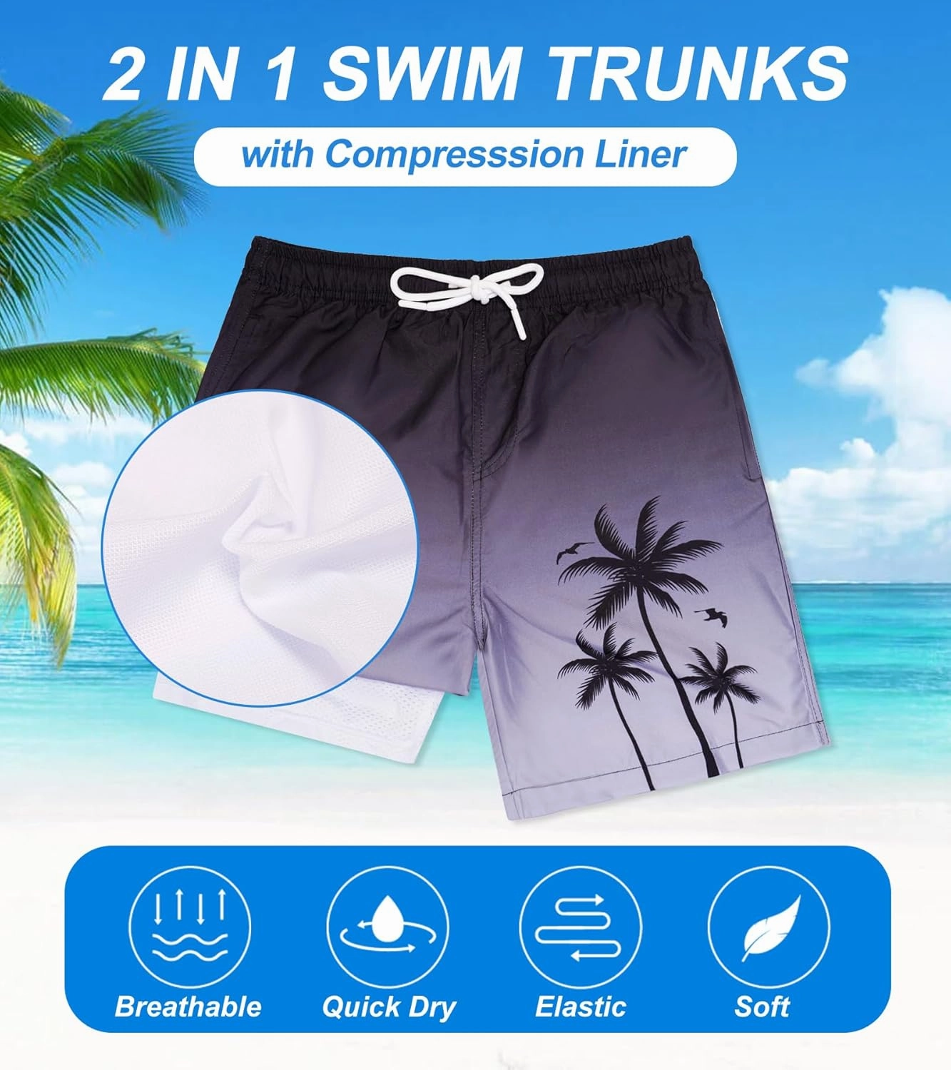Boys Swim Trunks with Compression Liner Swim Shorts Quick Dry Swimming Trunks with Pockets 5-18 Years