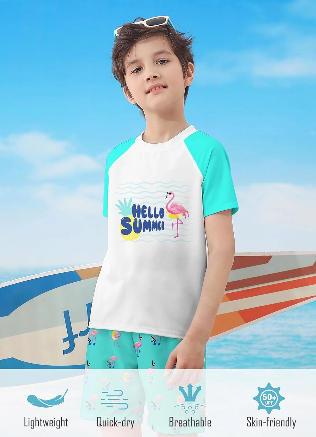 Boys Two Piece Rash Guard Swimsuits Sets Bathing Suits with Trunks 4-12 Years
