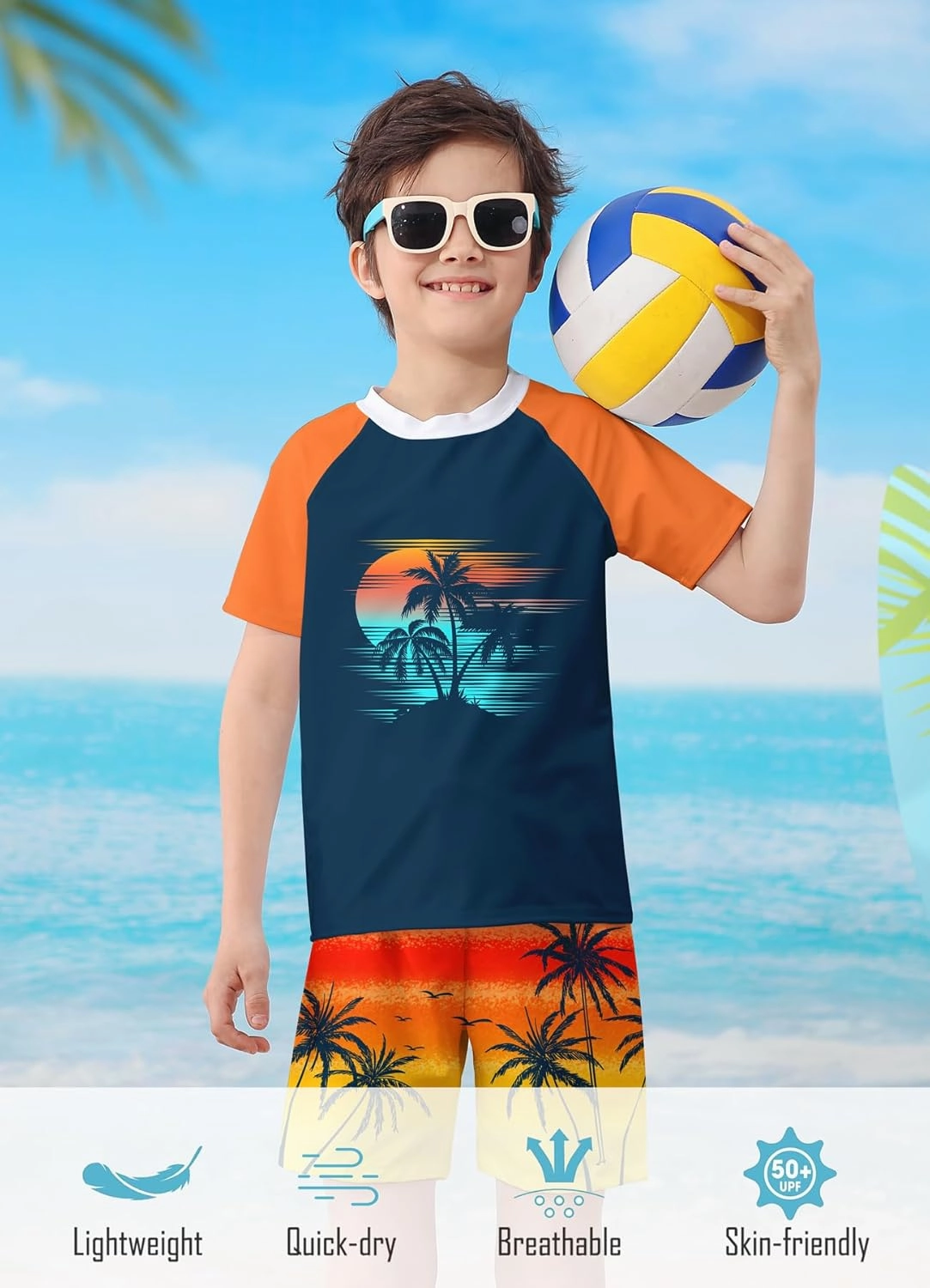 Boys Two Piece Rash Guard Swimsuits Sets Bathing Suits with Trunks 4-12 Years