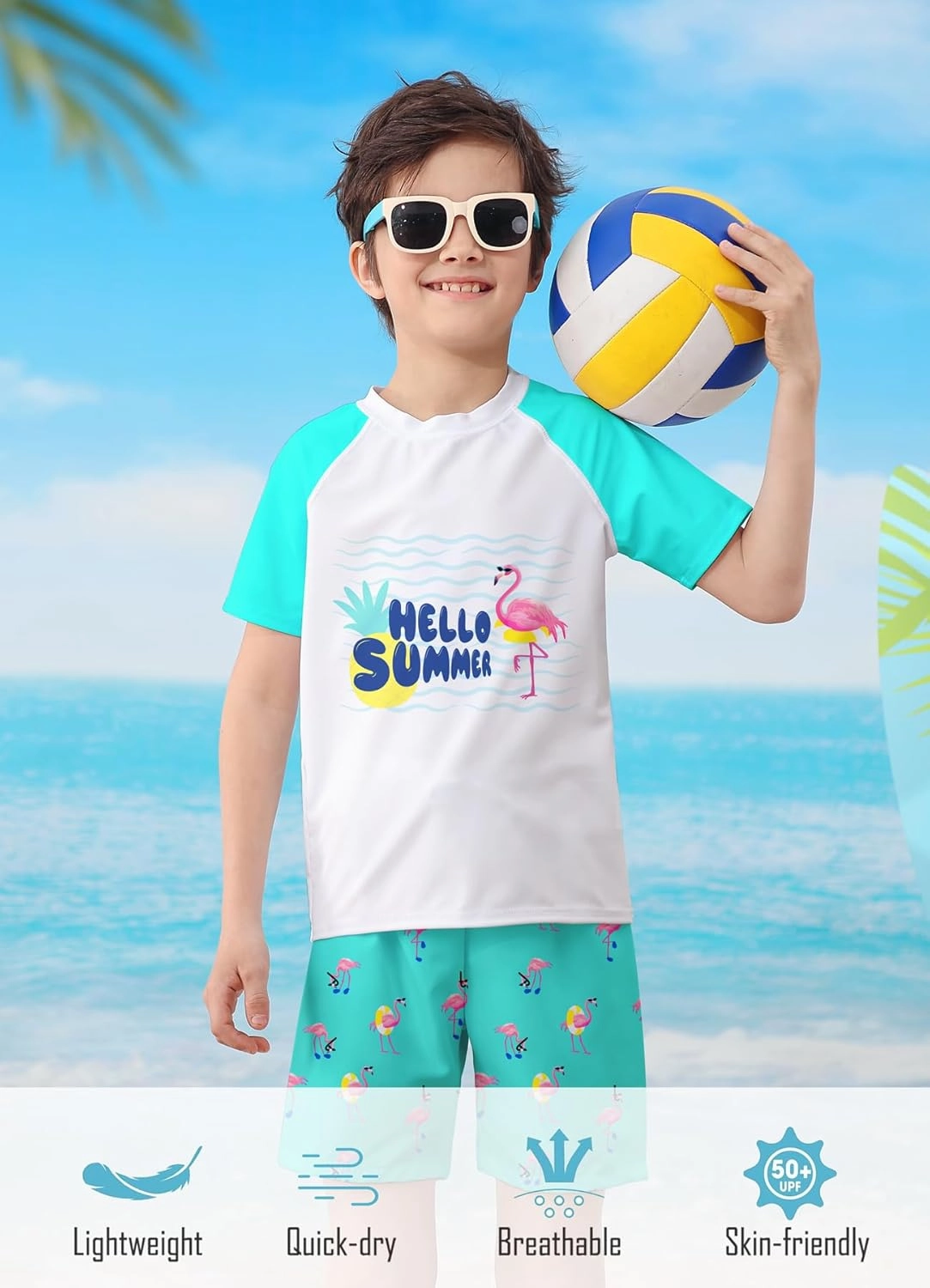 Boys Two Piece Rash Guard Swimsuits Sets Bathing Suits with Trunks 4-12 Years