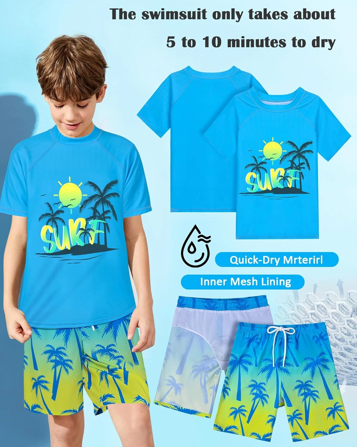 Boys Two Piece Rash Guard Swimsuits Sets Kids Short Sleeve Swim Shirts Bathing Suit with Swim Trunks Swimwear Set