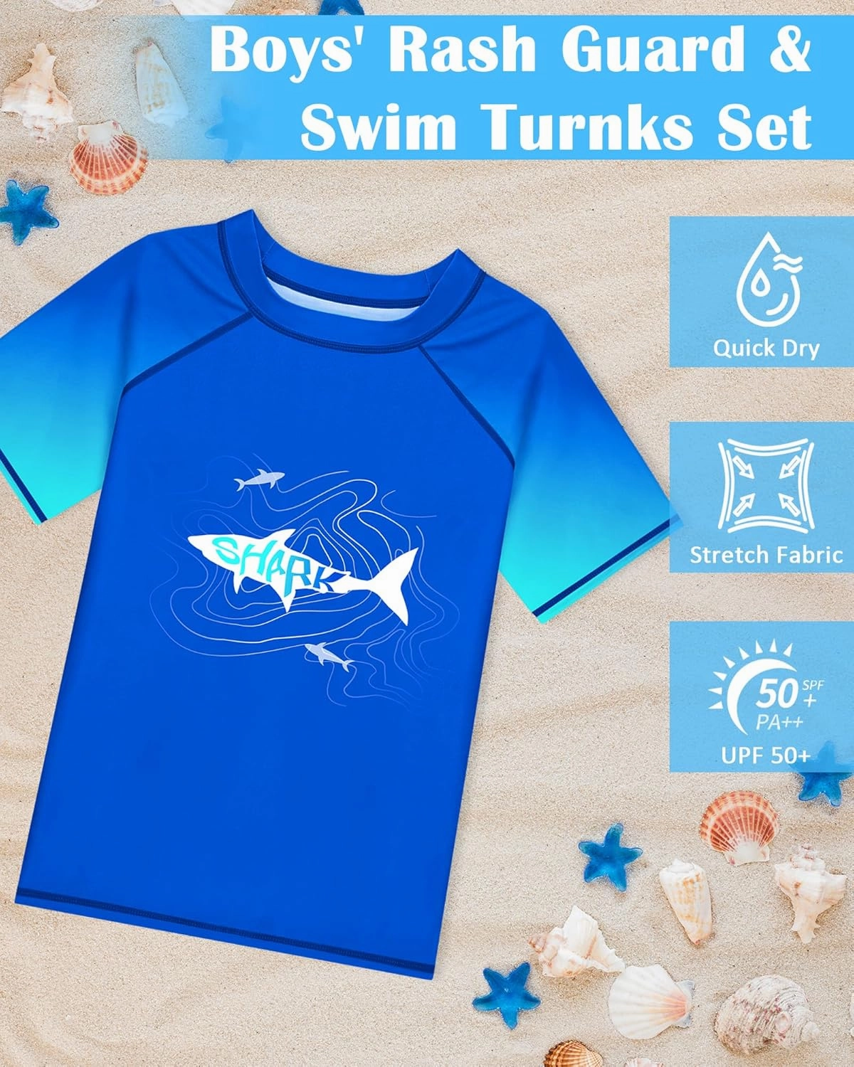 Boys Two Piece Rash Guard Swimsuits Sets Kids Short Sleeve Swim Shirts Bathing Suit with Swim Trunks Swimwear Set