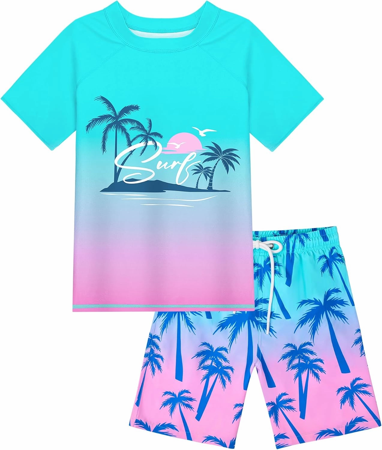 Boys Two Piece Rash Guard Swimsuits Sets Kids Short Sleeve Swim Shirts Bathing Suit with Swim Trunks Swimwear Set
