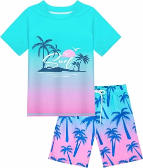 Boys Two Piece Rash Guard Swimsuits Sets Kids Short Sleeve Swim Shirts Bathing Suit with Swim Trunks Swimwear Set