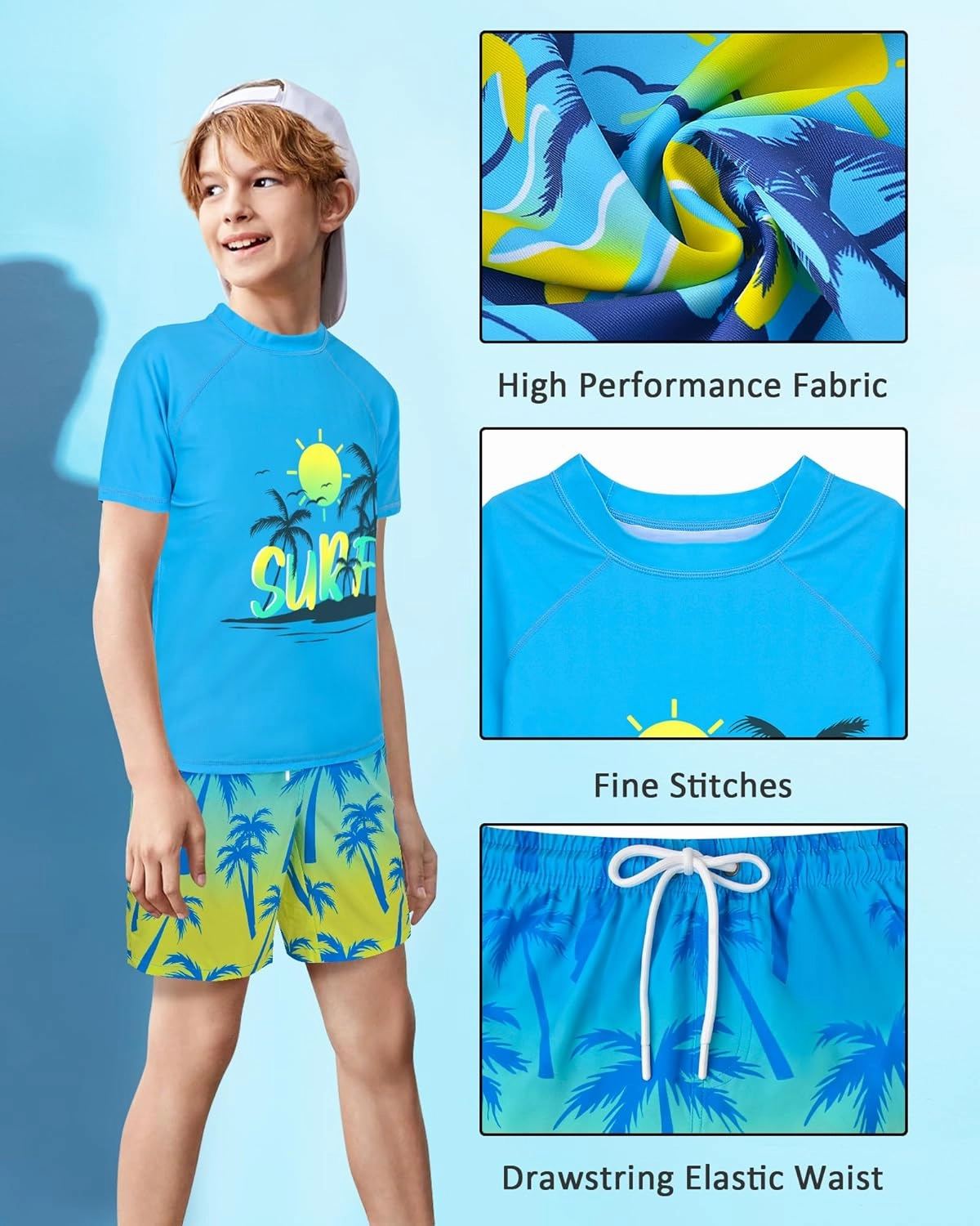 Boys Two Piece Rash Guard Swimsuits Sets Kids Short Sleeve Swim Shirts Bathing Suit with Swim Trunks Swimwear Set